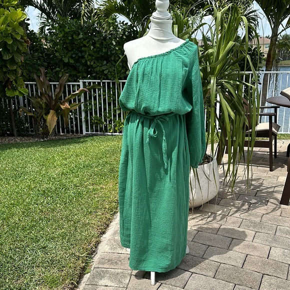 J & L PARIS GREEN COTTON ONE SHOULDER DRESS WITH BELT - Picture 5 of 12